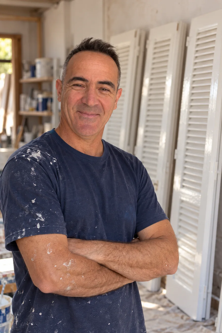 Pablo Santarelli, de Kromatics, en su taller junto a unas persianas mallorquinas lacadas