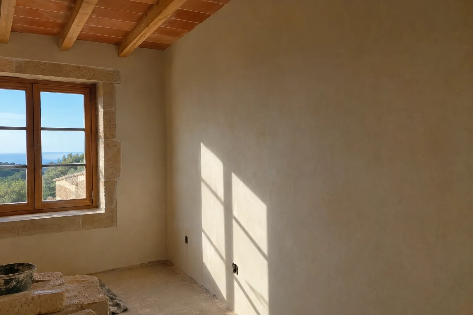 Pared alisada sin gotelé con luz rasante marcando el plano