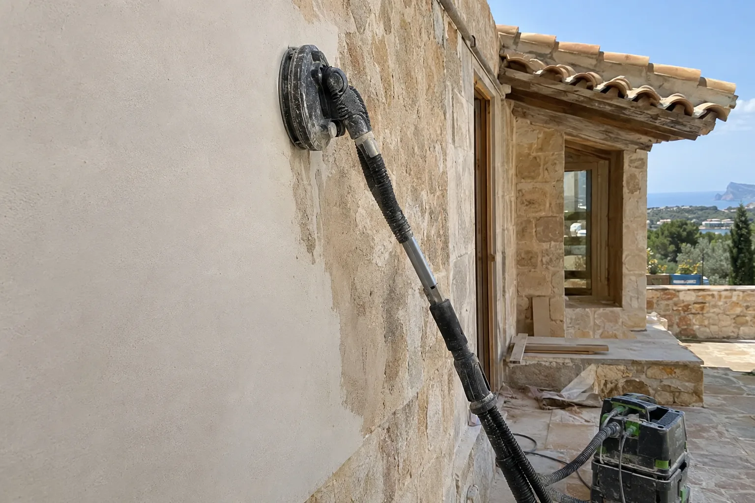 Lijadora de pared con aspiración conectada trabajando un paramento