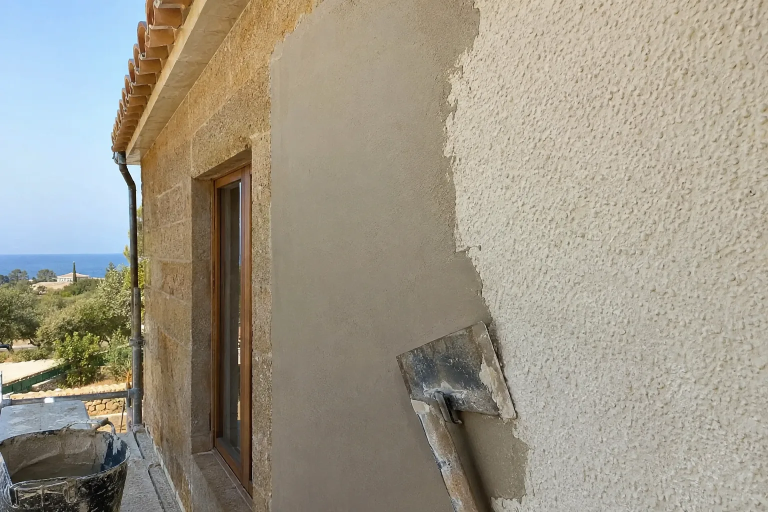 Aplicación de pasta de alisar a llana sobre una pared con gotelé