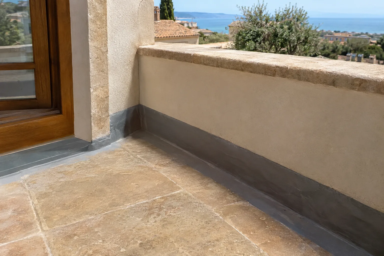 Encuentro entre el suelo de una terraza y el antepecho, reforzado con banda