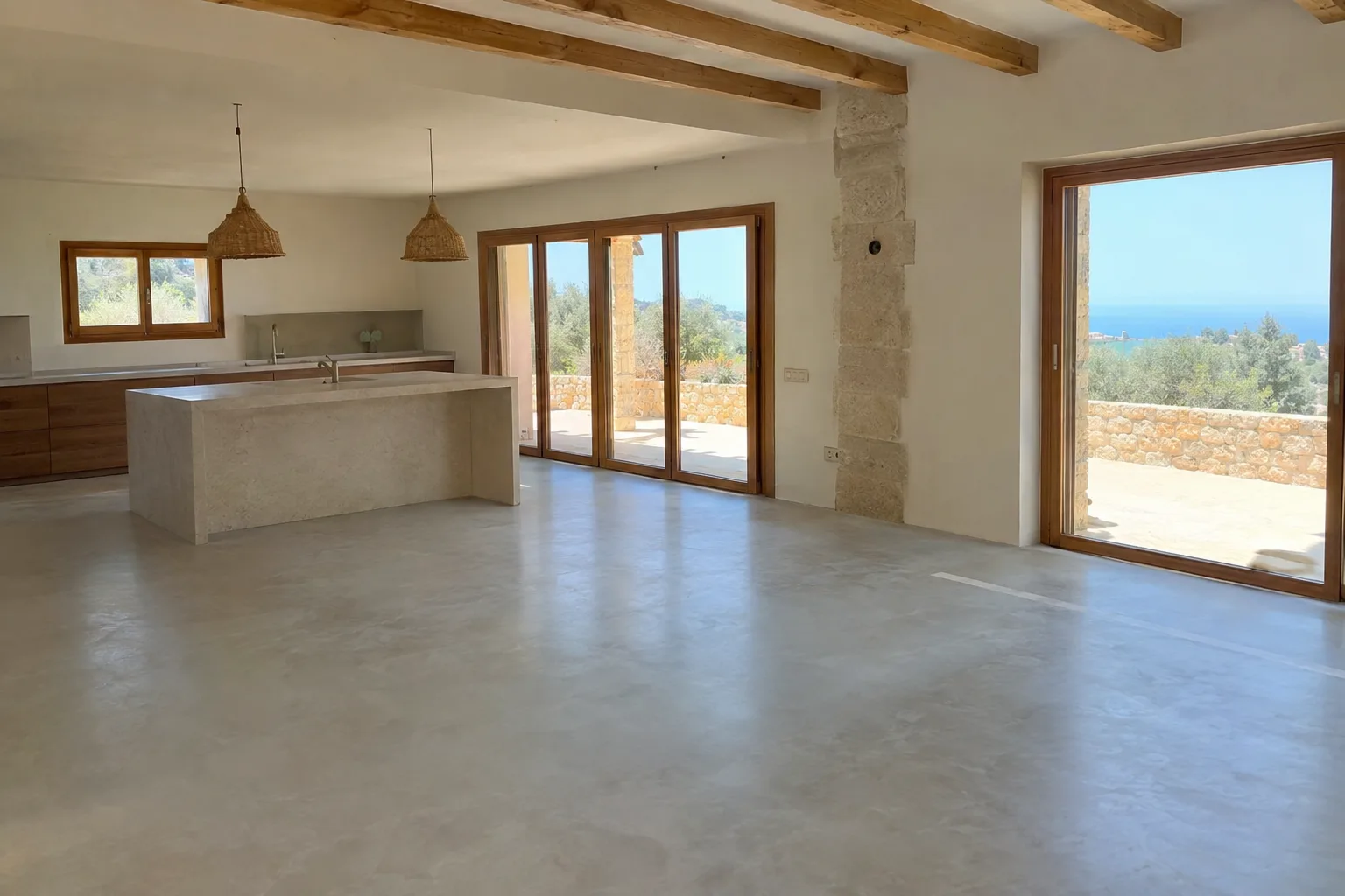 Suelo continuo de microcemento en una estancia diáfana